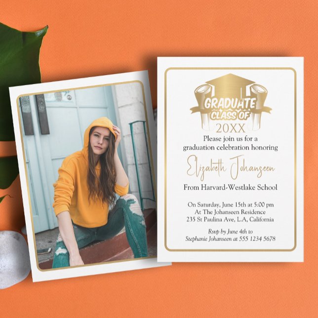 Invitación Graduación de fotos en oro de estilo moderno con g (Subido por el creador)