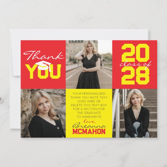 Invitación Graduación de fotos en rojo y amarillo 3 Gracias (Anverso)