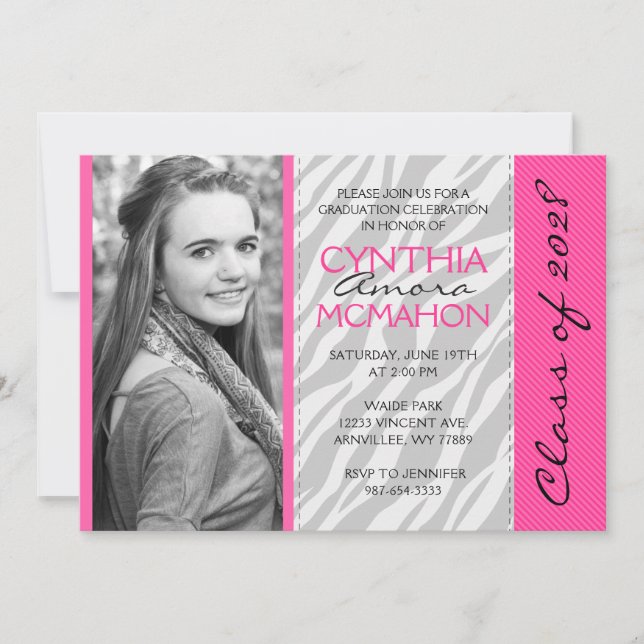 Invitación Graduación de fotos en rosa caliente y cebra (Anverso)