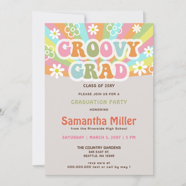 Invitación Graduación de fotos hippie de Retro Groovy 70 (Anverso)