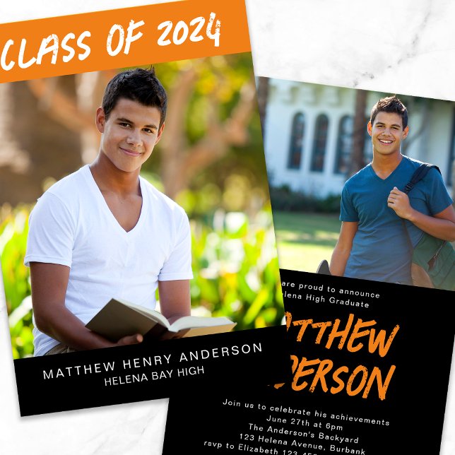 Invitación Graduación de fotos negras de moda Naranja (Subido por el creador)