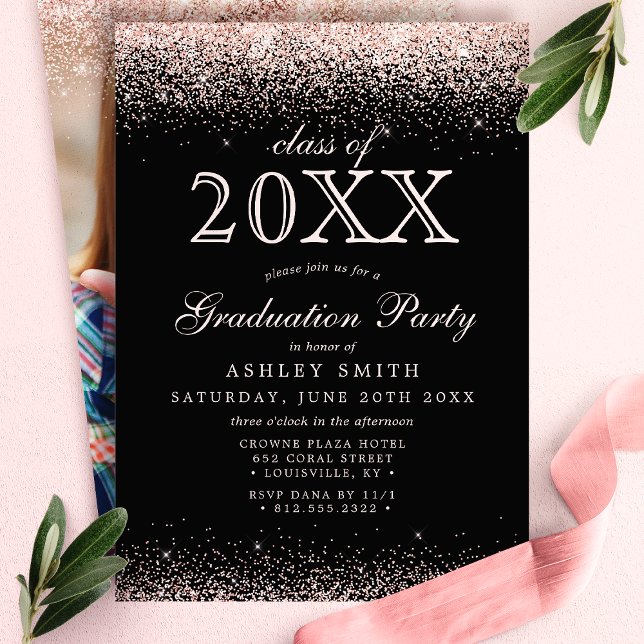 Invitación Graduación de fotos negras de Purpurina rosa Rubor (Subido por el creador)