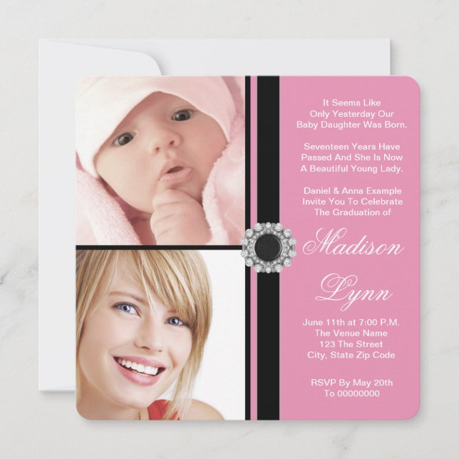 Invitación Graduación de fotos rosa entonces y ahora (Anverso)