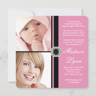 Invitación Graduación de fotos rosa entonces y ahora