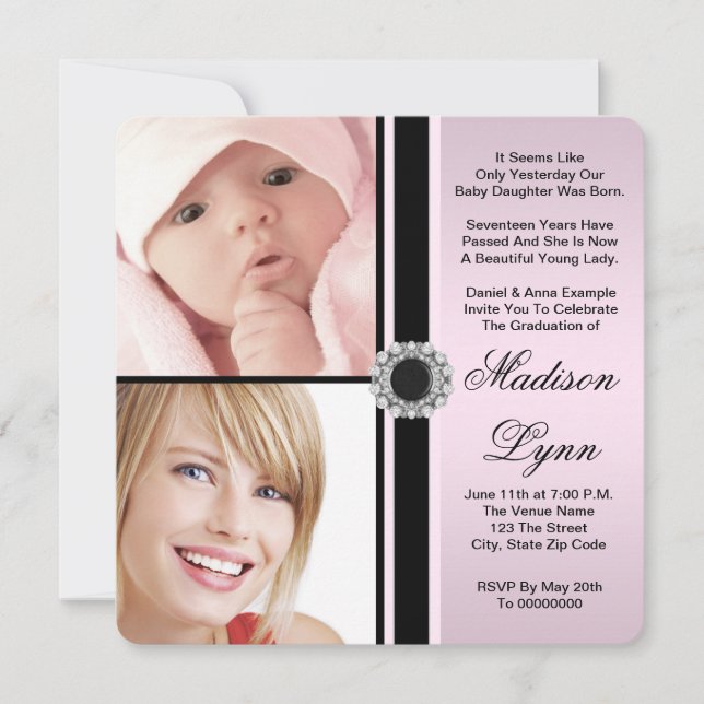 Invitación Graduación de fotos rosa entonces y ahora (Anverso)