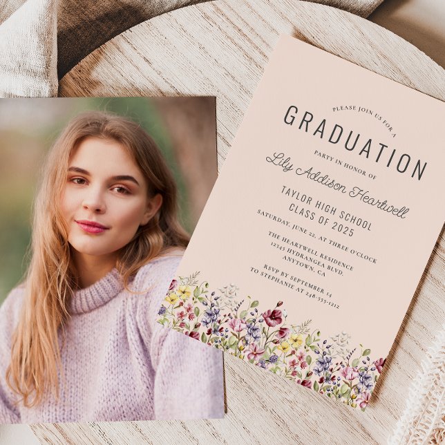 Invitación Graduación de fotos rosadas de Boho Wildflowers Ru (Subido por el creador)