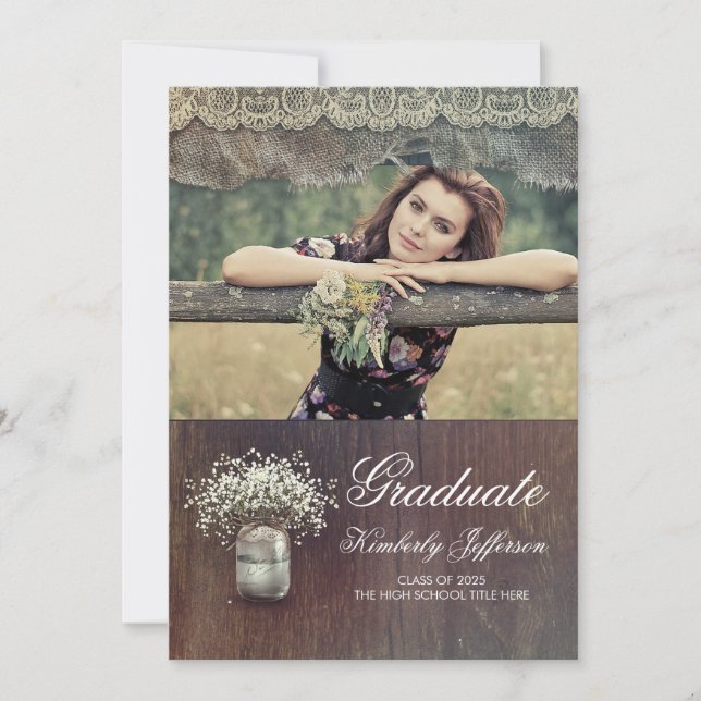 Invitación Graduación de fotos rusticas de Mason Jar por el a (Anverso)