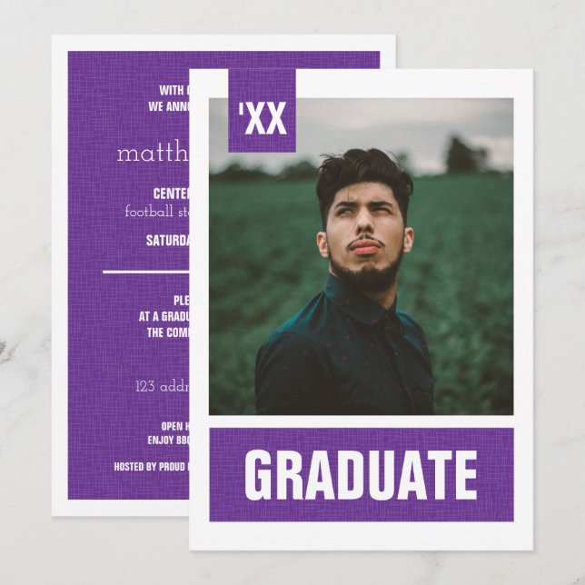 Invitación Graduación de fotos texturizadas en color púrpura (Anverso / Reverso)