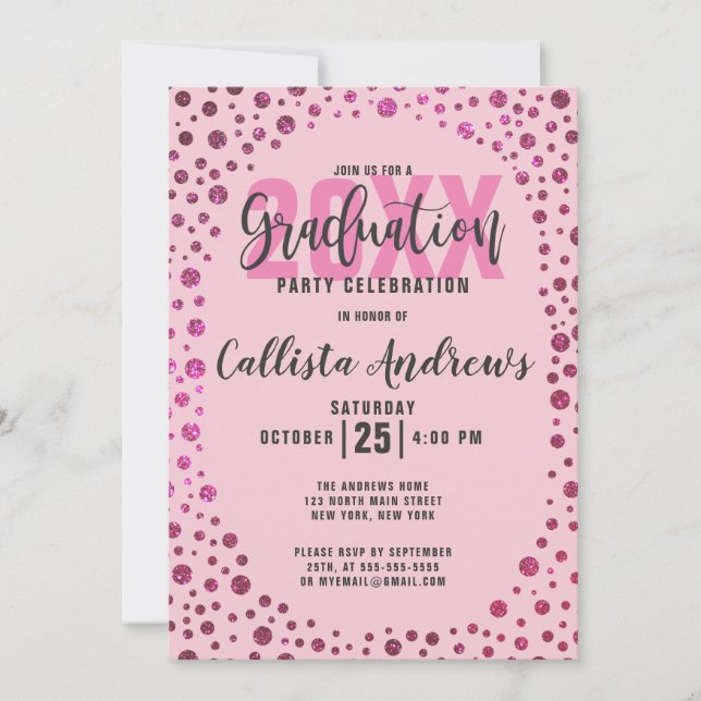 Invitación Graduación de frontera confetti Purpurina rosa de  (Anverso)