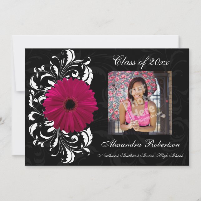 Invitación Graduación de Fuchsia Scroll Gerbera Daisy (Anverso)