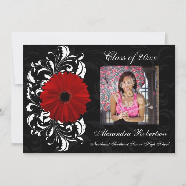 Invitación Graduación de Gerbera Daisy de Desplazamiento Rojo (Anverso)