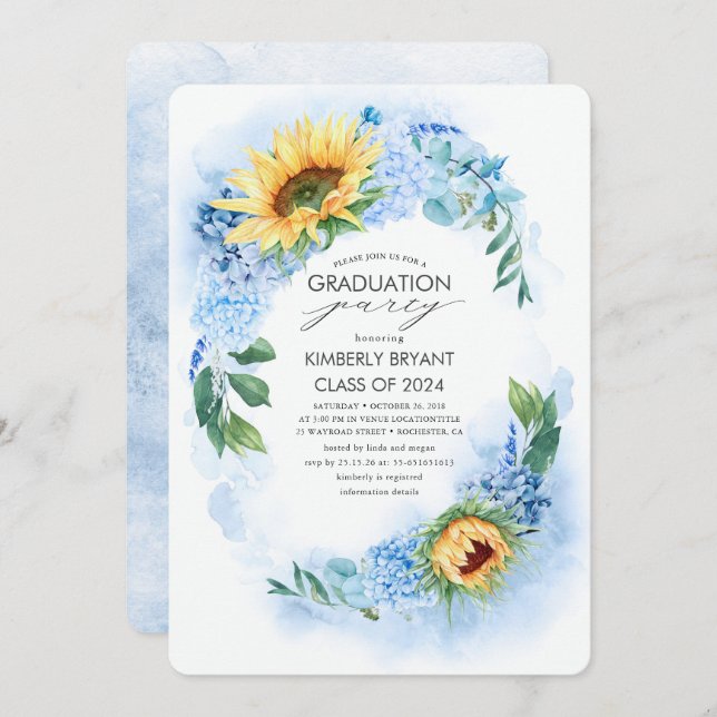 Invitación Graduación de girasol amarillo e hidrangea azul (Anverso / Reverso)