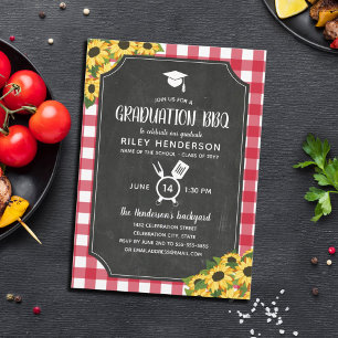 Invitación Graduación de girasol de Chalkboard Red Gingham BQ