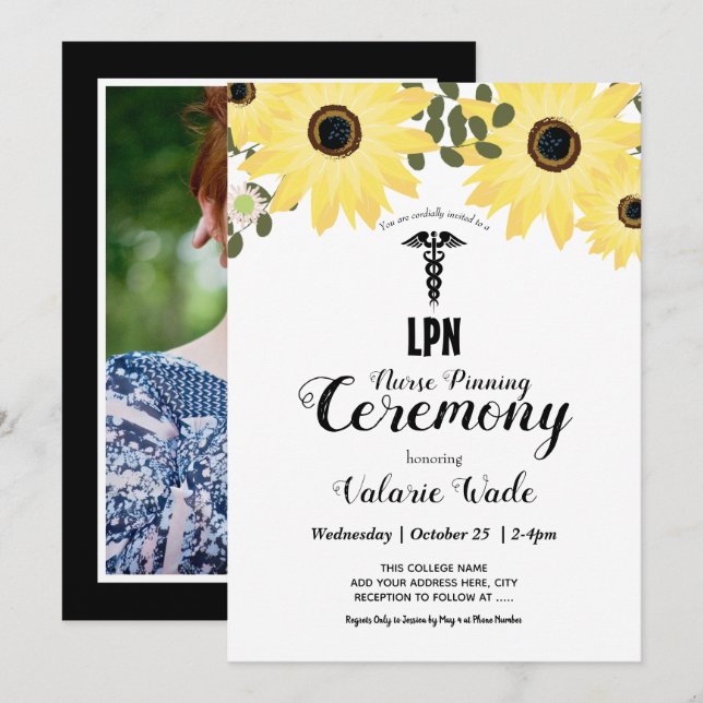 Invitación Graduación de girasol LPN Ceremonia de fondeo de e (Anverso / Reverso)