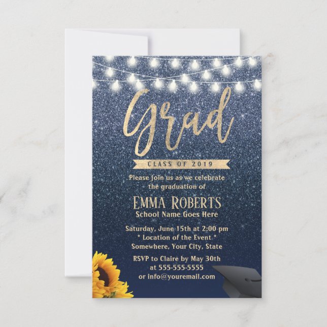Invitación Graduación de girasol Purpurina azul de la marina  (Anverso)