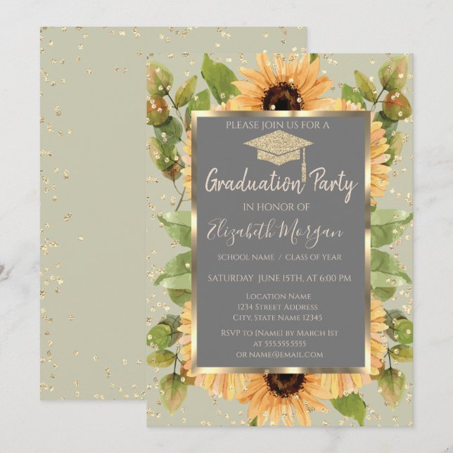 Invitación Graduación de girasoles de diamantes de oro (Anverso / Reverso)