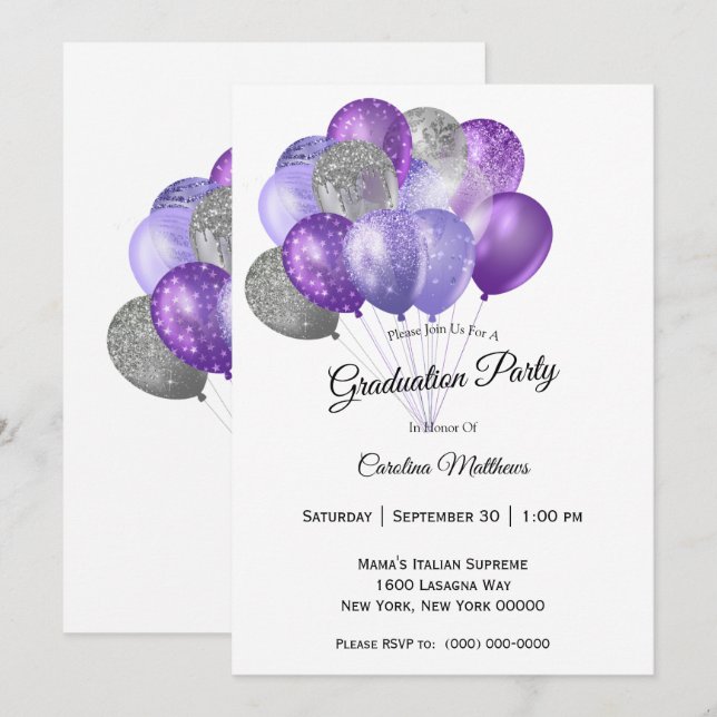 Invitación Graduación de globos de plata morada (Anverso / Reverso)