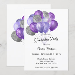 Invitación Graduación de globos de plata morada