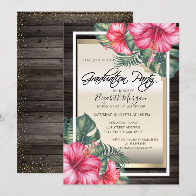 Invitación Graduación de Grad Cap, Hibiscus Wood (Anverso / Reverso)