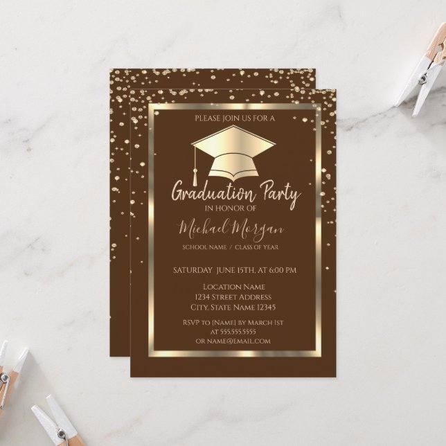 Invitación Graduación de Grado de Oro de Diamonds Cap Brown (Anverso/Reverso In Situ)