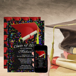 Invitación Graduación de Grado Rojo Diploma de Cap Confetti N
