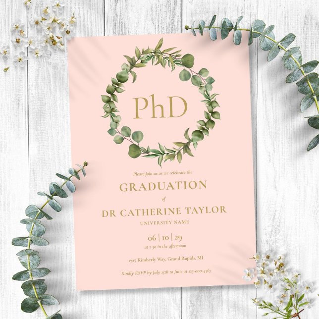 Invitación Graduación de grano rosado de Rubor con grado de d (PhD Degree Blush Pink Garland Graduation Invitation)