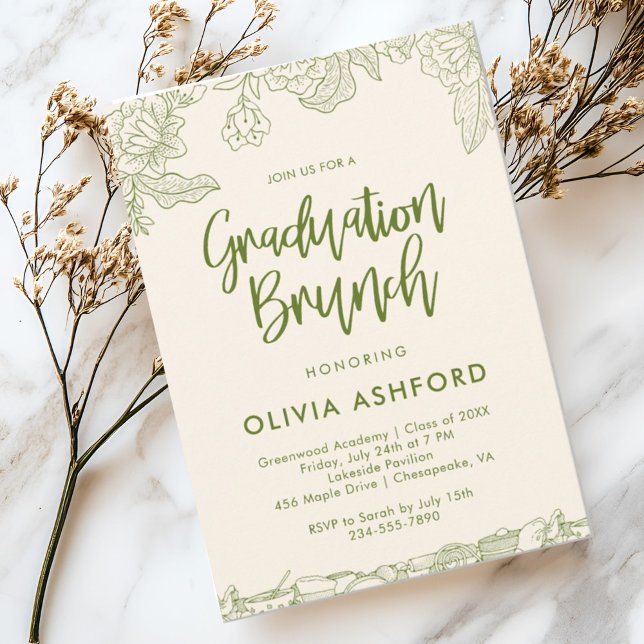 Invitación Graduación de Green Floral Trendy Brunch (Subido por el creador)
