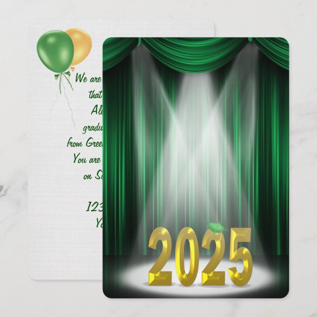 Invitación Graduación de Green & Gold 2025 en Spotlight (Anverso / Reverso)