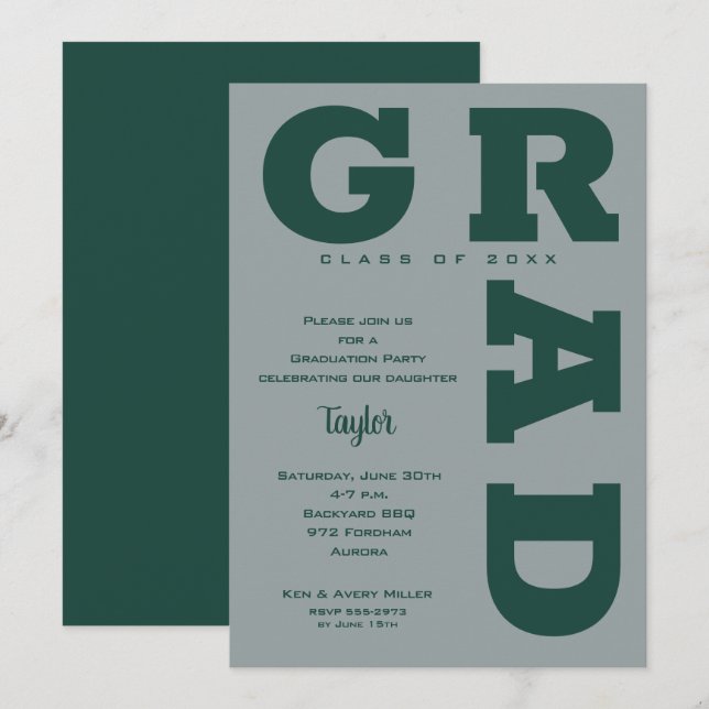 Invitación Graduación de gris verde oscuro de GRAD moderno (Anverso / Reverso)