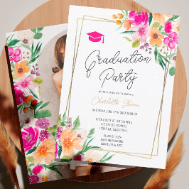 Invitación Graduación de guion dorado de moda floral rosa
