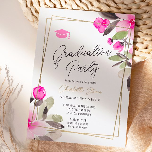 Invitación Graduación de guion dorado de moda floral rosa (Subido por el creador)