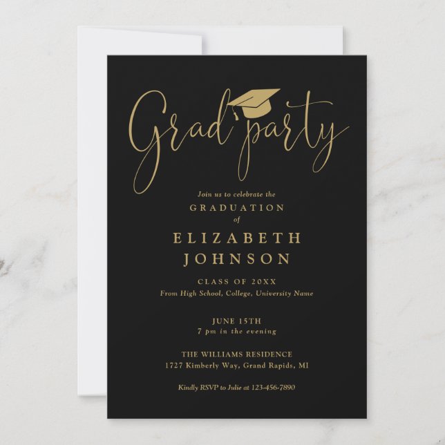Invitación Graduación De Guiones De Fiesta De Grado De Negro  (Anverso)