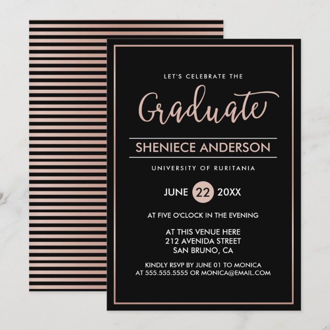 Invitación Graduación de guiones y guiones de oro y negro Ros (Anverso / Reverso)