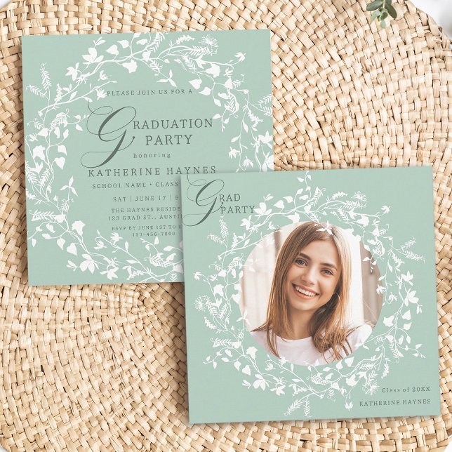 Invitación Graduación de guirnalda verde verde verde verde (Front & Back)
