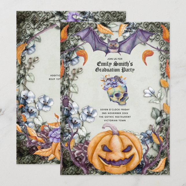 Invitación Graduación de Halloween/Muertos de las cráneo púrp (Anverso / Reverso)