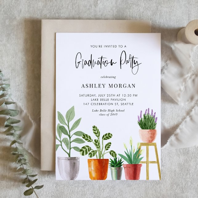 Invitación Graduación de Hogares Potados de la Acuarela Boho (Customizable boho graduation party invitation featuring watercolor potted houseplants. )