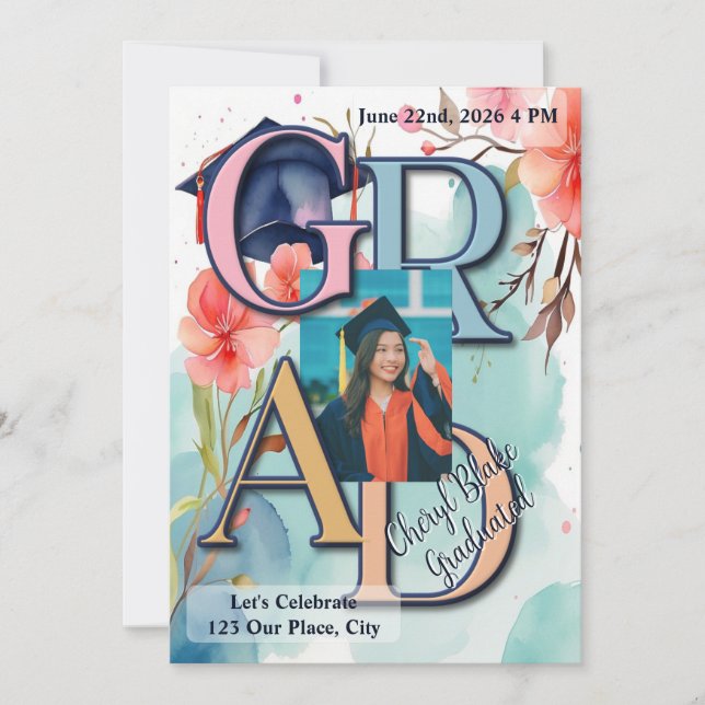 Invitación Graduación de imágenes en color agua (Anverso)