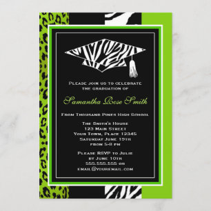 Invitación Graduación de impresión de cebra verde limón y leo