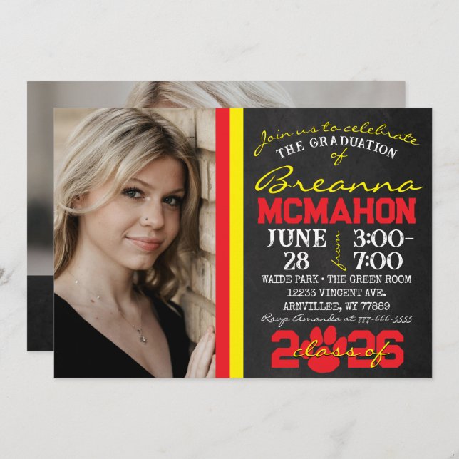 Invitación Graduación de impresión de hojas rojas y amarillas (Anverso / Reverso)