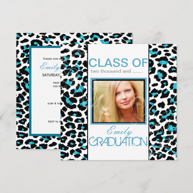 Invitación Graduación de impresión de leopardo azul de PixDez (Anverso / Reverso)