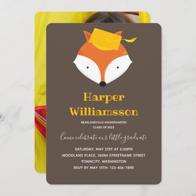 Invitación Graduación de jardín de infantes con foto amarilla (Anverso / Reverso)