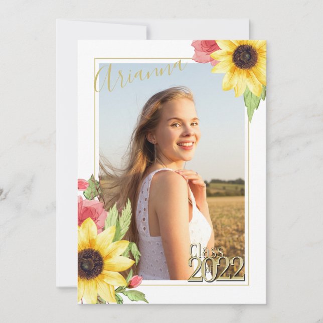 Invitación Graduación de la acuarela floral de girasol (Anverso)