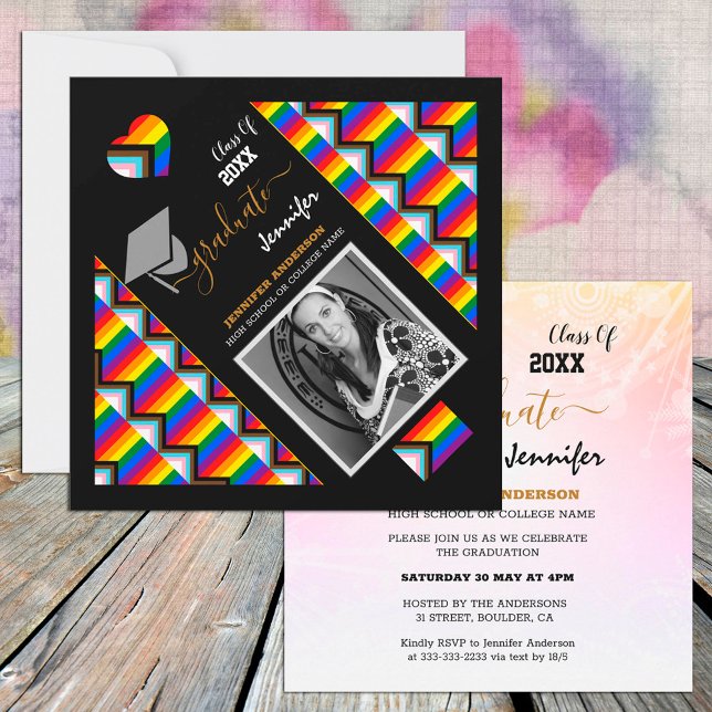 Invitación Graduación de la bandera de progreso del arco iris (Subido por el creador)