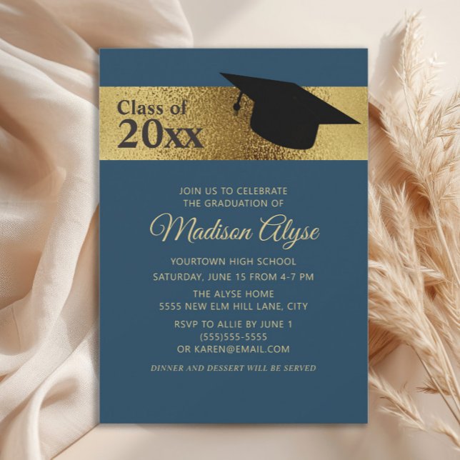 Invitación Graduación de la capa negra de oro azul de la Mari (Navy blue and gold graduation cap party invitation)