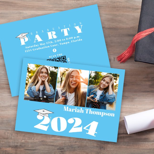 Invitación Graduación De La Clase Azul Fotográfico Múltiple D (Graduation multi-photo invitation announcement Carolina Blue School colors. )