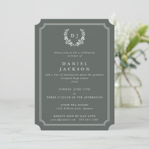 Invitación Graduación de la corona gris-verde en monograma