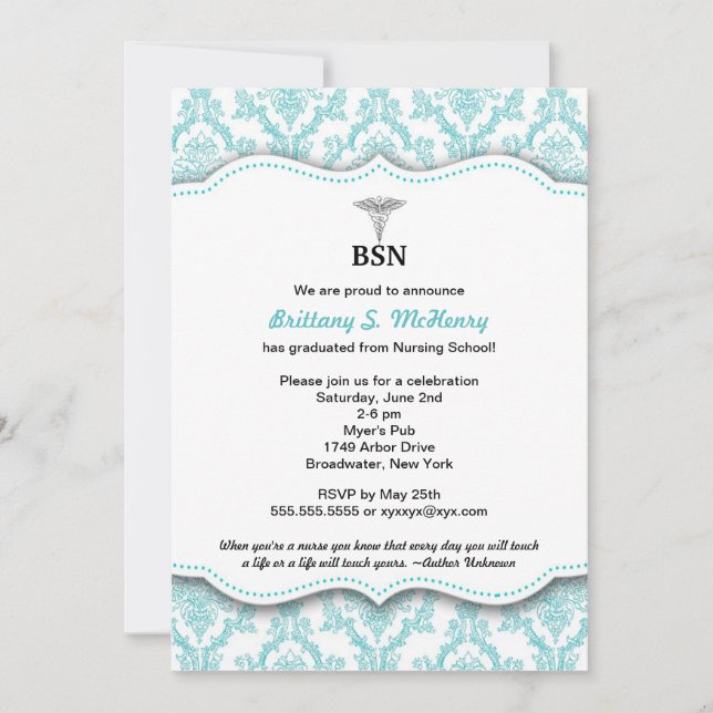 Invitación Graduación de la enfermera turquesa Damask BSN RN (Anverso)
