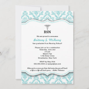 Invitación Graduación de la enfermera turquesa Damask BSN RN