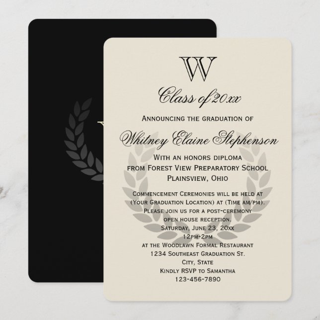 Invitación Graduación de la Escuela Clásica de Monograma Únic (Anverso / Reverso)