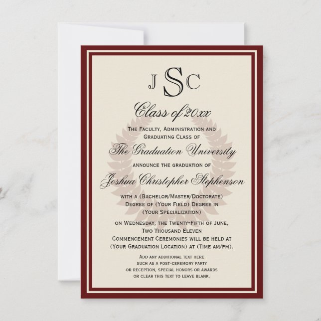 Invitación Graduación de la Escuela Clásica Maroon Monogram L (Anverso)
